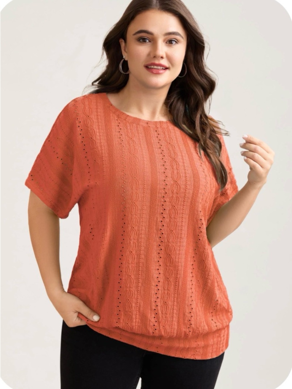 Coral Eyelet Trim Stretchy Textured Top